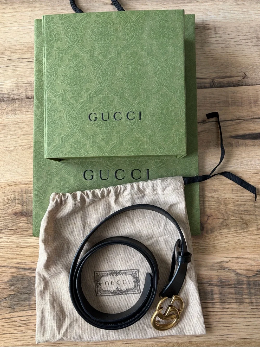 Gucci Black Leather Belt with Gold Double G Buckle